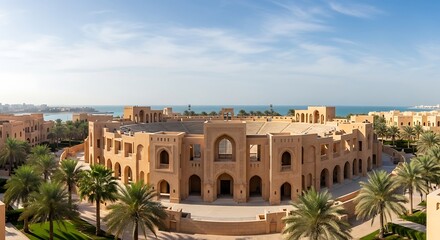 Fototapeta premium Large architectural structure with multiple arches and palm trees under a blue sky