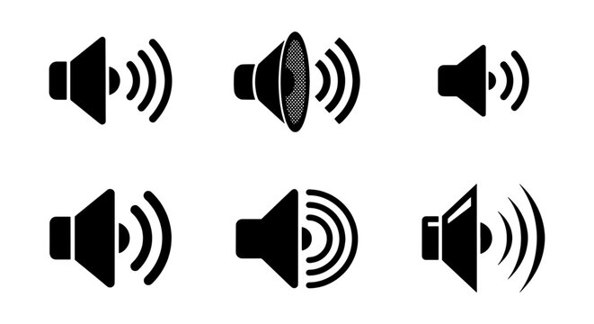 Six Black Speaker Icons, Audio Volume Symbols, Sound Wave Graphics, Multimedia Controls, Communication Elements, Vector Set