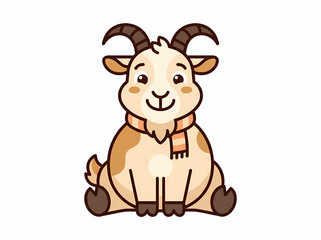 Fototapeta premium Cute cartoon goat character wearing a scarf sitting on a white background.