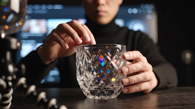 Close-up of faceted crystal glass held by hands catching colorful light refractions dark background
