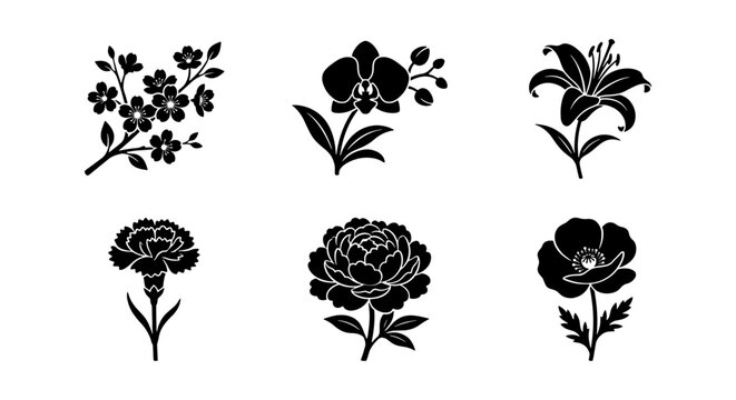 Elegant Black Silhouette Flower Icons Set: Cherry Blossom, Orchid, Lily, Carnation, Peony, Poppy Vector Graphics for Design Projects