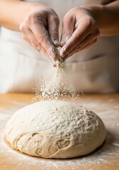 Fototapeta premium Artisan baker's hands dusting fresh bread dough with flour on wooden table