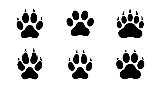 Set of Six Black Paw Prints, Animal Tracks Vector Icons, Wild Animal Footprints, Mammal Claws Silhouette, Nature Wildlife Symbols, Graphic Design Elements