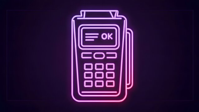Neon outline of a payment terminal with 'ok' displayed on screen, pos machine