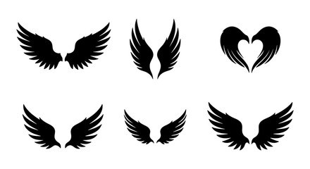 Fototapeta premium Set of 6 Black Silhouette Wing Icons, Angel Wings Vector Graphics, Bird Wings Symbols for Design Projects, Freedom Concept Art