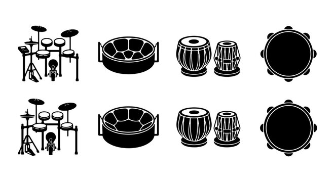 Set of Professional Percussion and World Music Instrument Silhouettes Including Drum Kit, Steel Pan, Tabla, and Tambourine