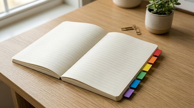 Open Blank Notebook with Colorful Tabs on Wooden Desk in Bright Natural Light