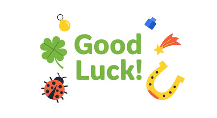 Good luck wish with lucky symbols including four-leaf clover ladybug horseshoe and shooting star. © huda
