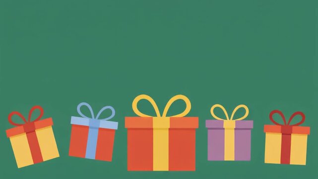 Colorful gift boxes on green background with copy space for Christmas holiday and birthday celebration banner