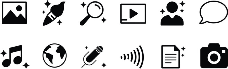 AI, generated audio and media icon set with sparkle star magic pencil symbols, generative tools for music image creation, creative technology vector design. © Sohel