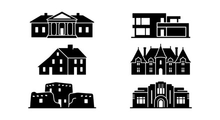 Naklejka premium Diverse Architectural Styles Vector Icons: Modern, Colonial, Victorian, Adobe Homes, Classic Facades, Contemporary Residences for Real Estate and Design