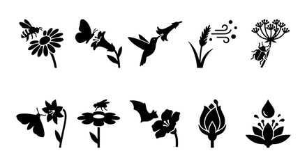 Set of Pollinator Silhouettes Featuring Bees, Butterflies, Hummingbirds, and Bats with Flowers © Hasibur