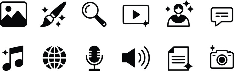 AI, generated audio and media icon set with sparkle star magic pencil symbols, generative tools for music image creation, creative technology vector design. © Sohel