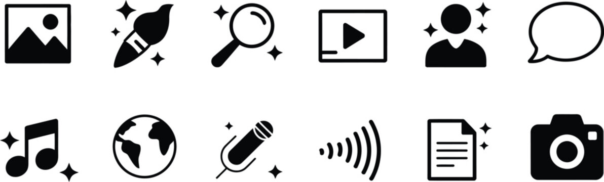 AI, generated audio and media icon set with sparkle star magic pencil symbols, generative tools for music image creation, creative technology vector design.