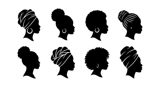 Diverse Black Woman Silhouettes, African Hairstyles Collection, Elegant Headwraps & Natural Hair Styles, Vector Graphics Set
