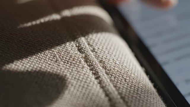 Close-up of textured fabric with stitching and blurred background of a digital screen display