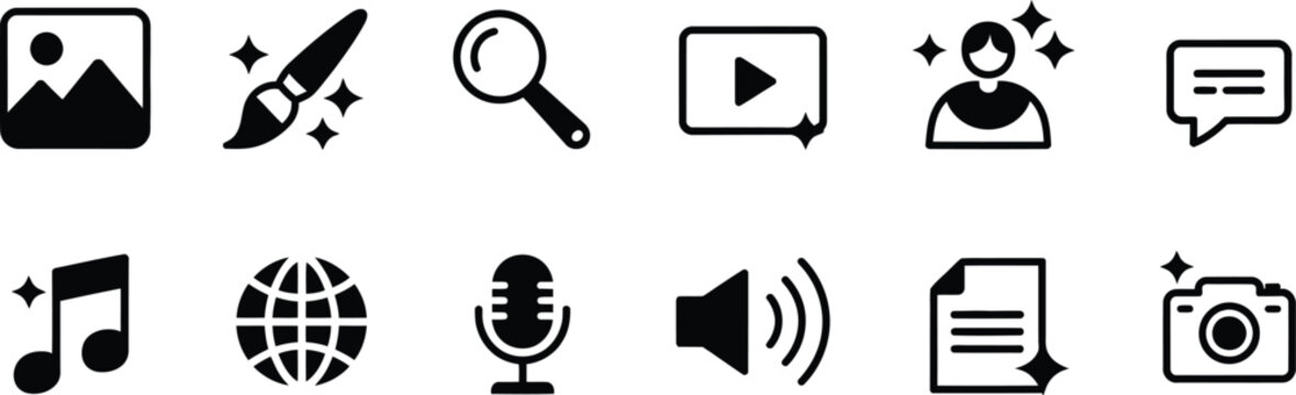 AI, generated audio and media icon set with sparkle star magic pencil symbols, generative tools for music image creation, creative technology vector design.