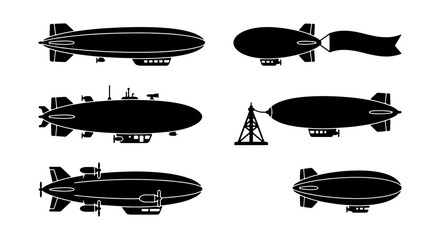 Vintage Airship Silhouettes, Retro Blimp Icons, Classic Dirigible Vector Set, Historical Zeppelin Graphics for Aviation and Travel © Taslima