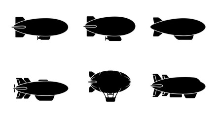 Airship Icons Set, Blimp Silhouettes Collection, Vintage Zeppelin Graphics, Retro Dirigible Vector Illustrations, Transportation Symbols © Taslima