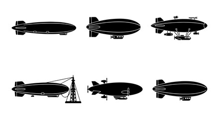 Airship Collection, Vintage Blimp Icons, Retro Dirigible Silhouettes, Classic Zeppelin Graphics, Transportation Vector Set © Taslima