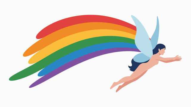 Cute fairy flying with colorful rainbow trail behind her illustration