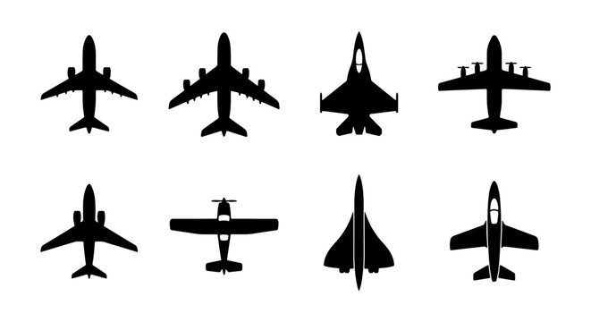 Diverse Aircraft Silhouettes Collection, Commercial Jets and Propeller Planes, Aviation Icons for Travel and Transport Graphics