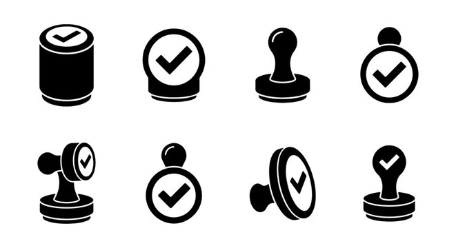 Approved Stamp Icons, Checkmark Seal Vector Set, Official Endorsement Graphics, Quality Control Symbols Collection