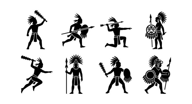 Ancient Warrior Silhouettes, Aztec Combatants with Spears and Clubs, Indigenous Fighter Poses, Historical Mesoamerican Figures Vector Set