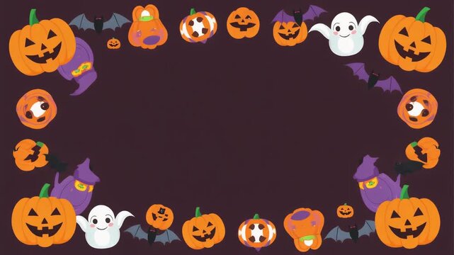 Halloween border with pumpkins ghosts and bats on a dark background for festive seasonal greeting cards