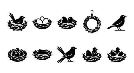 Bird Nest Icons Set, Vector Graphics of Avian Homes with Eggs and Chicks, Spring Wildlife Symbols, Nature and Family Concepts © Rosna