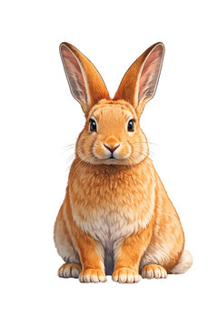 A cute small fluffy brown baby bunny animal with long ears is isolated on a white background as a domestic furry mammal pet