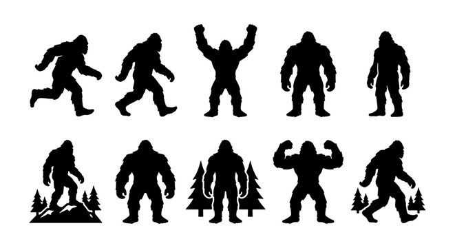 Bigfoot Silhouettes Collection, Sasquatch Vector Icons, Cryptid Poses, Mythical Creature Graphics, Forest Legend Illustrations