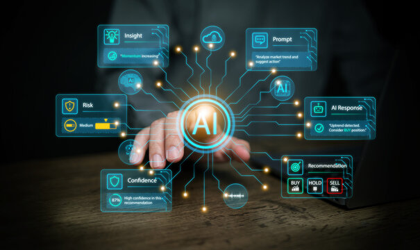 AI assistant and decision making concept. Hand touches interface where AI helps decide and offer risk analysis. Generative artificial intelligence for business and investment, and personal assistance
