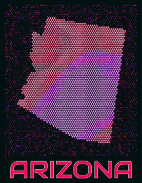 Arizona digital style hexagon map. Vibrant magenta purple pink neon dotted shape. State tiny bright hexagon cells. Arizona honeycomb map design. Vibrant Vector Illustration.