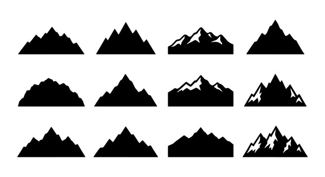 Mountain Silhouette Icons, Summit Peaks Vector Graphics, Rugged Landscape Elements, Outdoor Adventure Symbols