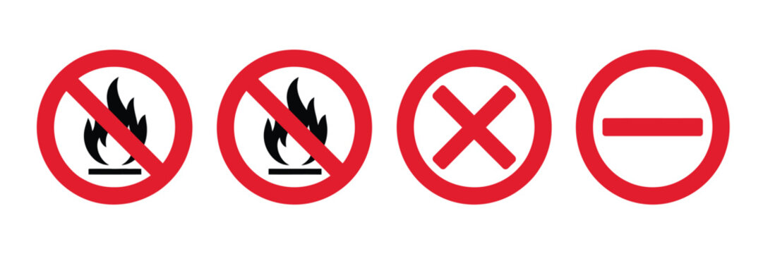 Prohibition icons no fire no entry cancel symbols red circle vector illustration for safety rules warning signs and restricted access areas