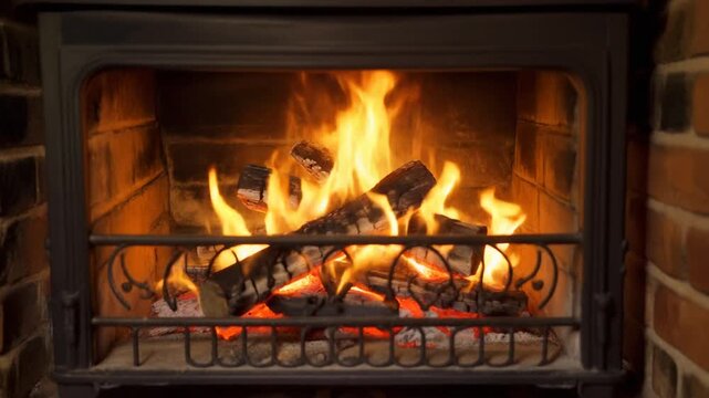 A crackling fire in a rustic fireplace casts a warm glow, offering a cozy and inviting atmosphere perfect for winter evenings and a sense of home comfort and relaxation