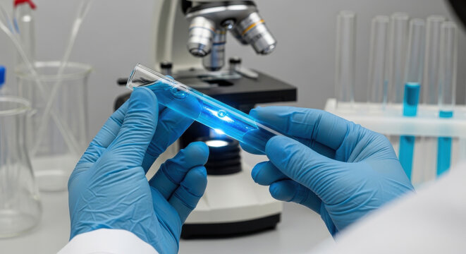 Close-up of gloved hands holding a blue-capped test tube in a laboratory setting with a microscope and various lab equipment in the background.