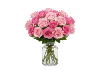 Naklejka premium Lush bouquet of fresh blooming pink roses in a clear glass vase with water isolated transparent background image