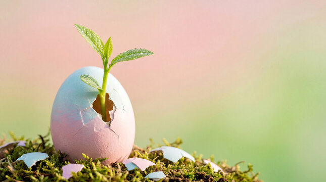 Easter egg cracking open with green sprout emerging, seasonal renewal and ESG sustainability growth metaphor