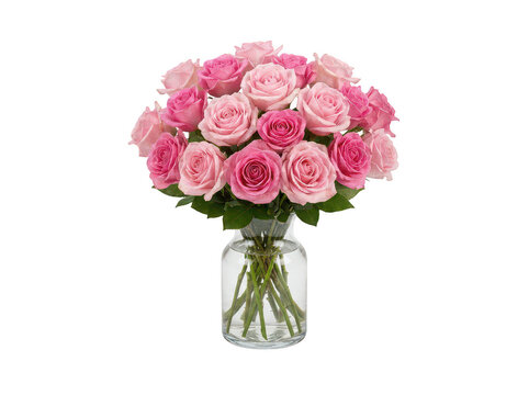 Lush bouquet of fresh blooming pink roses in a clear glass vase with water isolated transparent background image