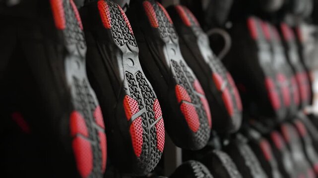 Close up of snowboard boot soles showing grip texture and material detail winter sports equipment macro shot shallow depth of field indoors.