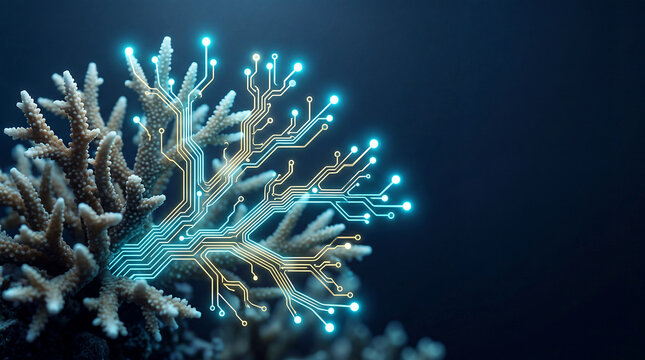 Coral reef branches morphing into glowing electronic circuit traces on dark background, nature technology connectioneering concept