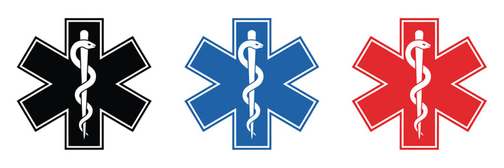 Star of Life EMS icons with Rod of Asclepius medical symbol vector for emergency healthcare ambulance service and rescue identification © MDMILON 2