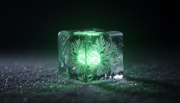 Green laser beam carves ice cube creating delicate frosted patterns. Precision cutting tech melts ice shape forming abstract art. Futuristic experiment in cold laboratory. Futuristic Laser Ice Art 