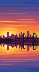 Obraz premium Cityscape at sunset with bridge and skyline