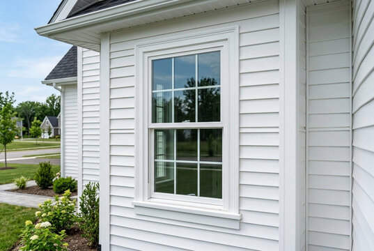 Double hung window with fixed top sash and bottom sash that slides up, sash divided by white grilles a surrounded by white elegant frame horizontal white vinyl siding on a new construction ... See Mor