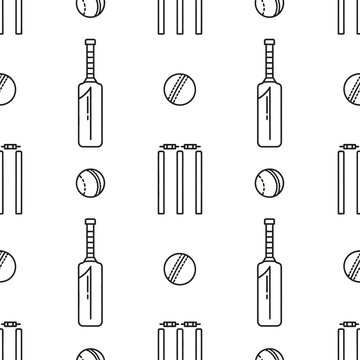 Cricket Pattern: Bat, Ball, Wicket - Line Art