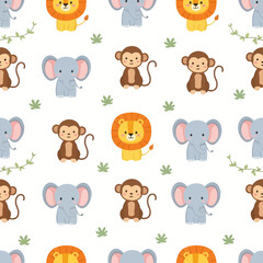 Fototapeta premium Cute Jungle Animals Seamless Pattern