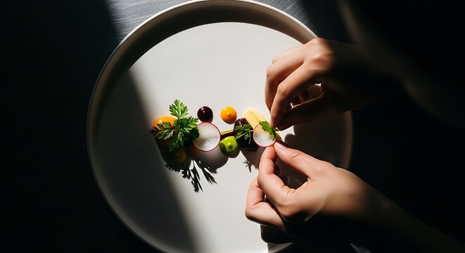 Professional chef meticulously plating a colorful fine dining appetizer
